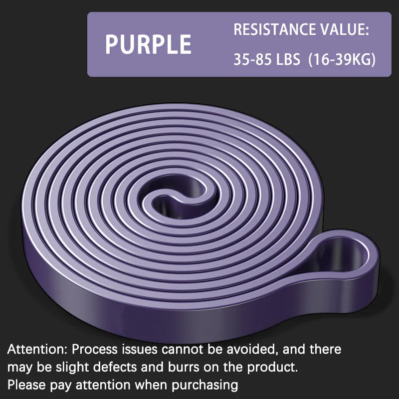 Bande de résistance violette en latex pour fitness, valeur 35-85 lbs, enroulée en cercle pour étirements et renforcement musculaire.
