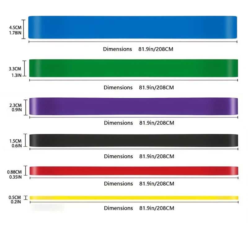 Séries de bandes élastiques de résistance en latex pour fitness et yoga, dimensions 208cm, disponibles en 6 Largeurs et couleurs.